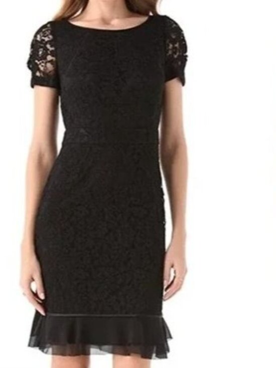 Tory Burch Womens 8 Bovary Lace Black Sheath Dress Ruffle Hem Short Sleeve - Picture 1 of 12